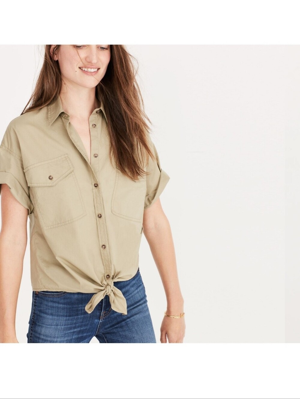 Madewell Embroidered Tie Front Safari Blouse S Boho Floral Vacation Army Summer